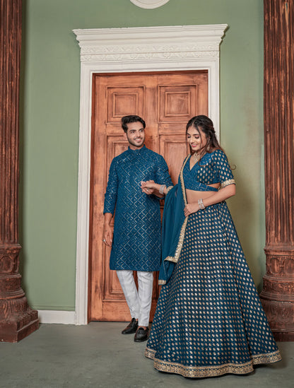 Luxuriant Teal Blue Color Zari Sequence Work Couple Dress