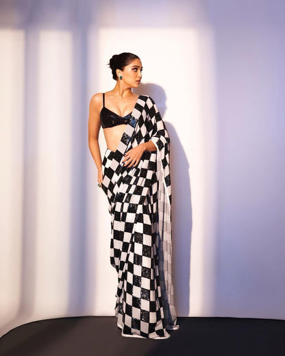 Black And  White Bollywood Style Sequence Work Saree