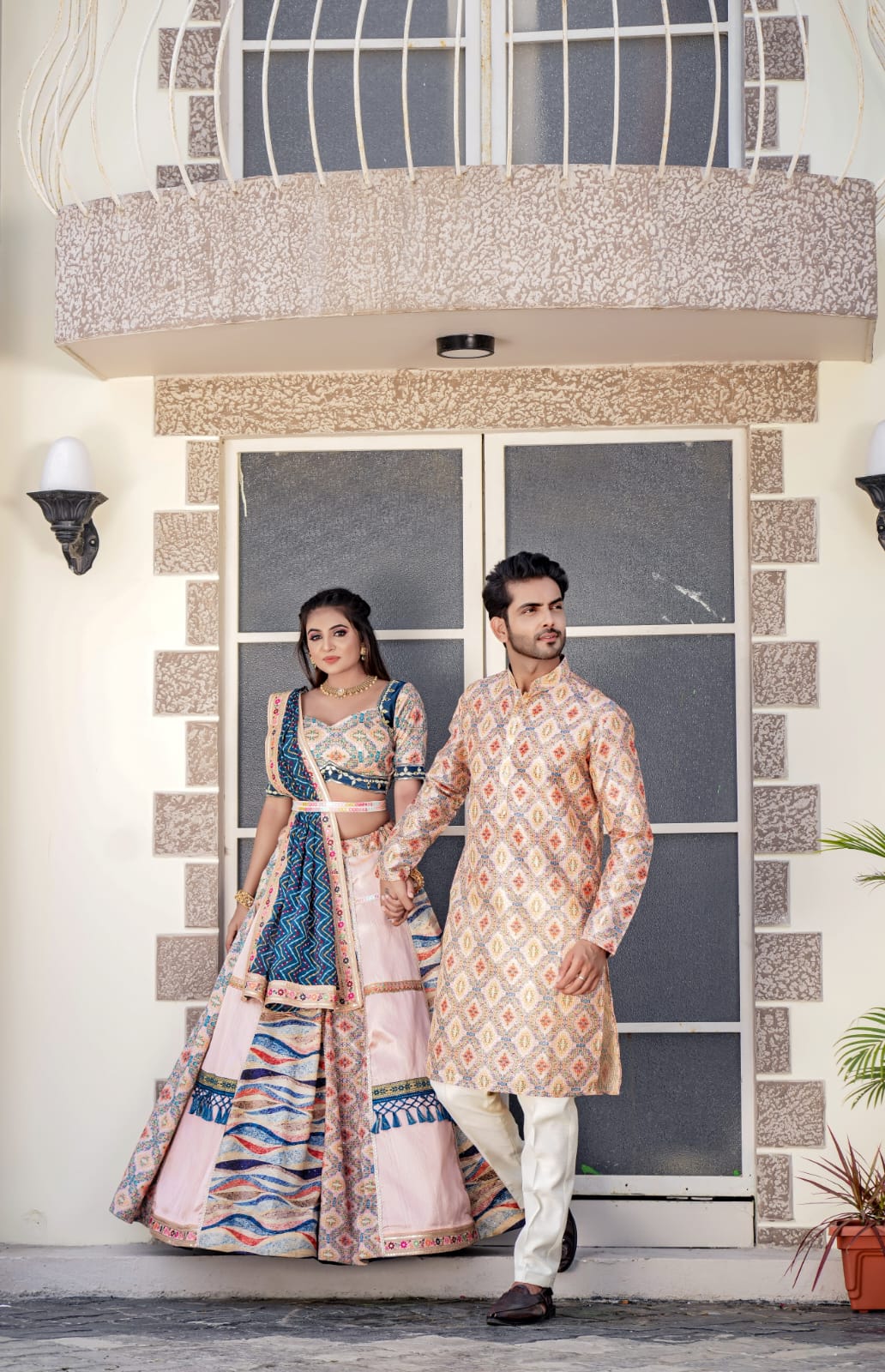 Engagement Wear  Peach Couple Combo Lehenga Choli With Kurta Set