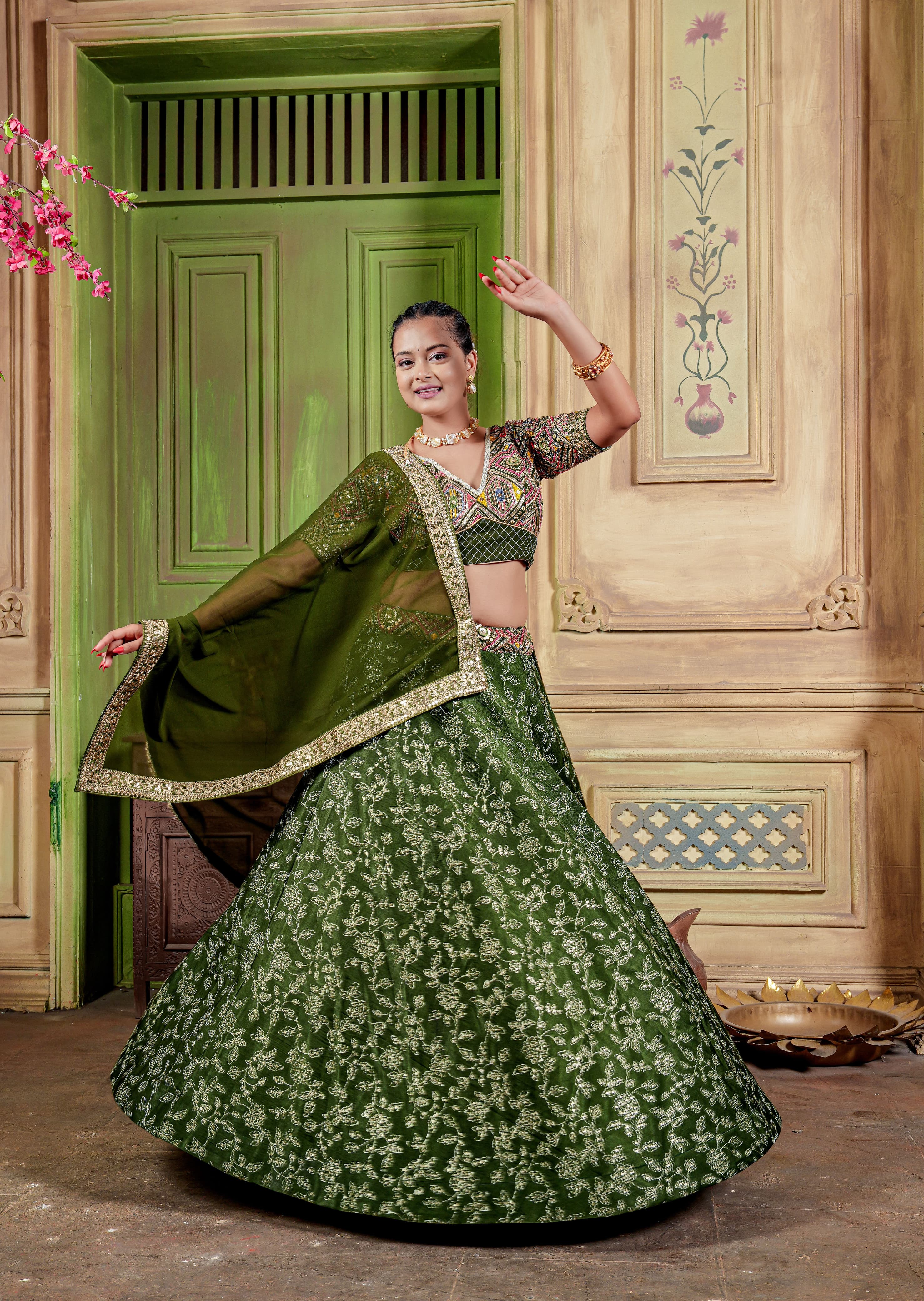 Marriage Special Mehndi Color Lehenga Choli