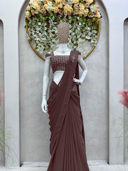 Brown Ready To Wear Saree With Fancy Work Blouse