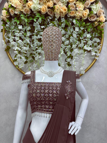 Brown Ready To Wear Saree With Fancy Work Blouse