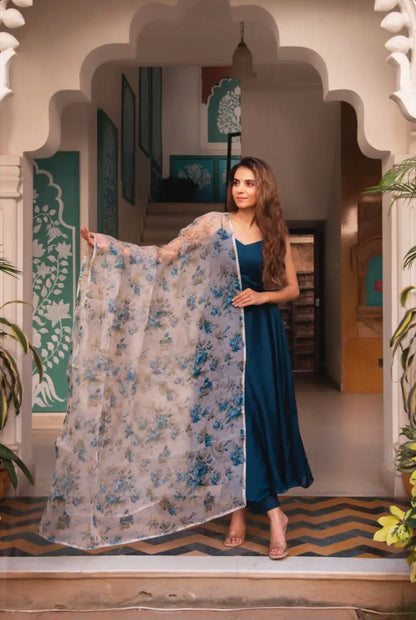 Shining Plain Navy Blue Gown With Organza Dupatta