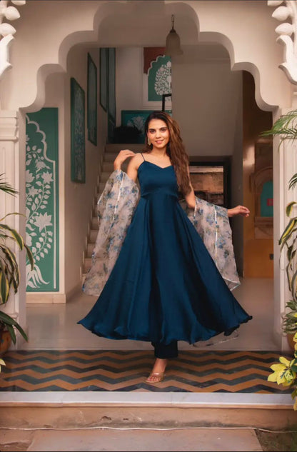 Shining Plain Navy Blue Gown With Organza Dupatta