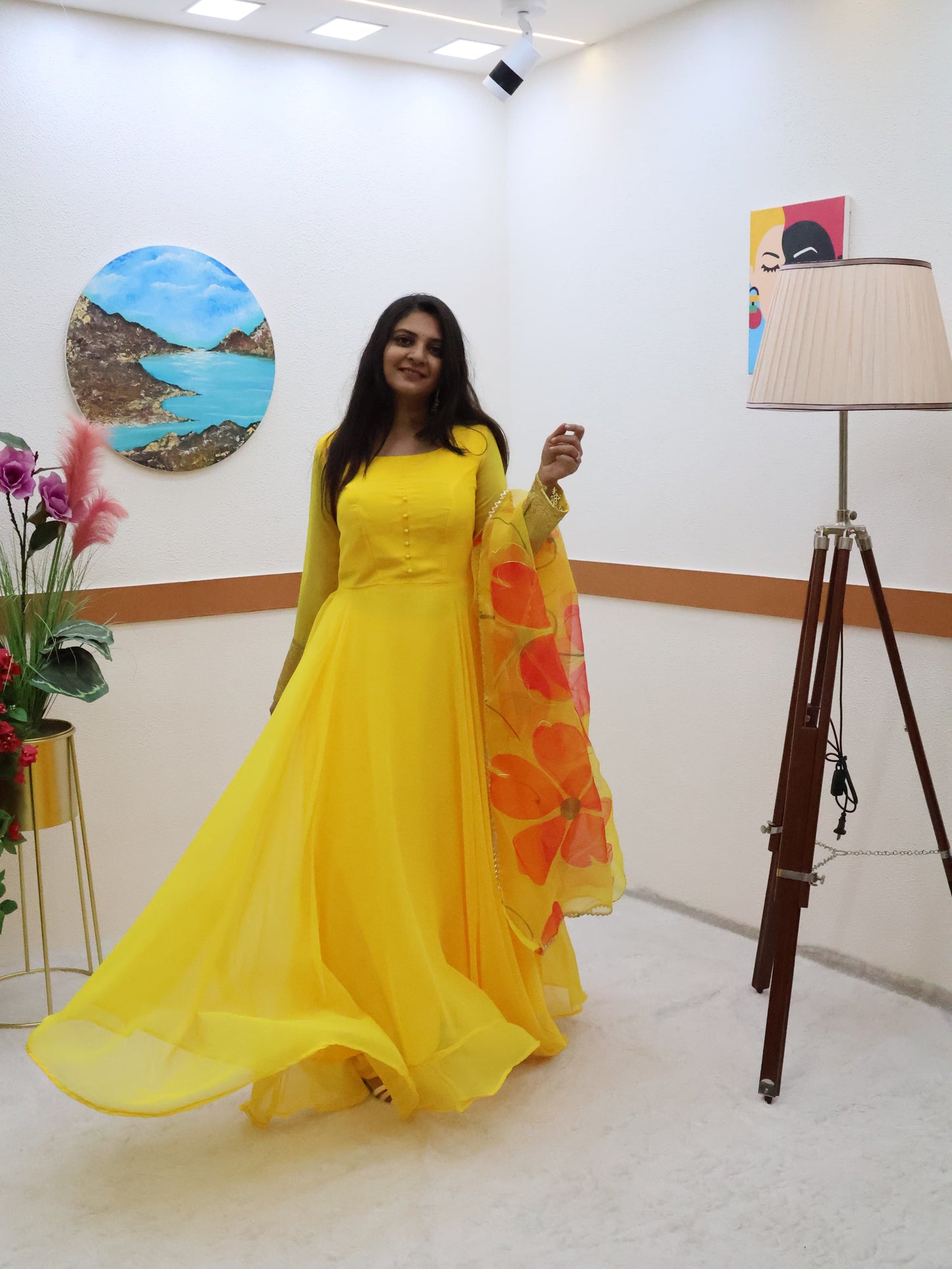 Yellow Color Plain Gown With Printed Dupatta