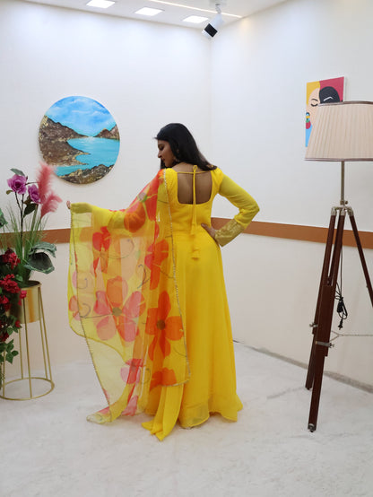 Yellow Color Plain Gown With Printed Dupatta