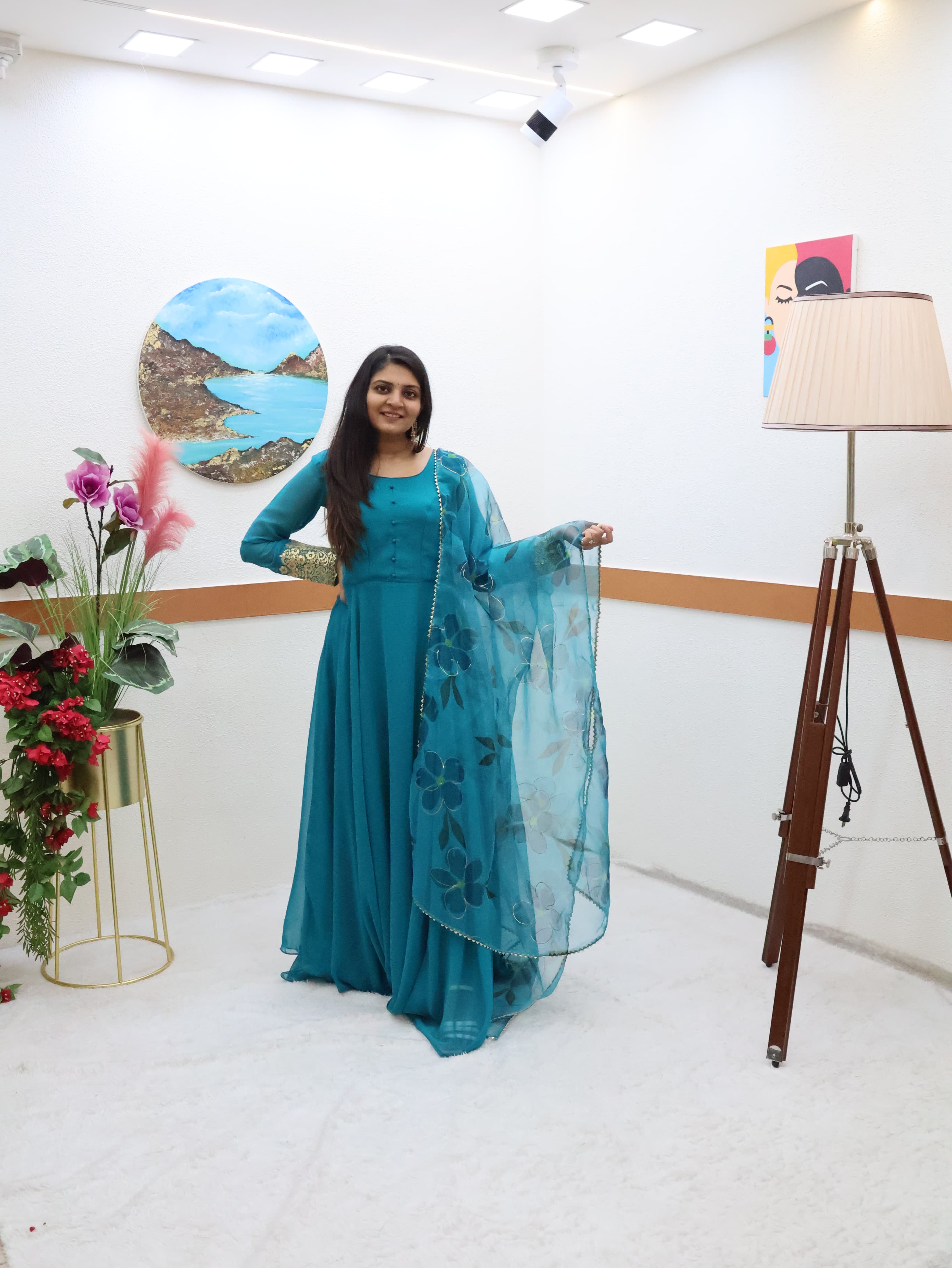 Teal Blue Color Plain Gown With Printed Dupatta