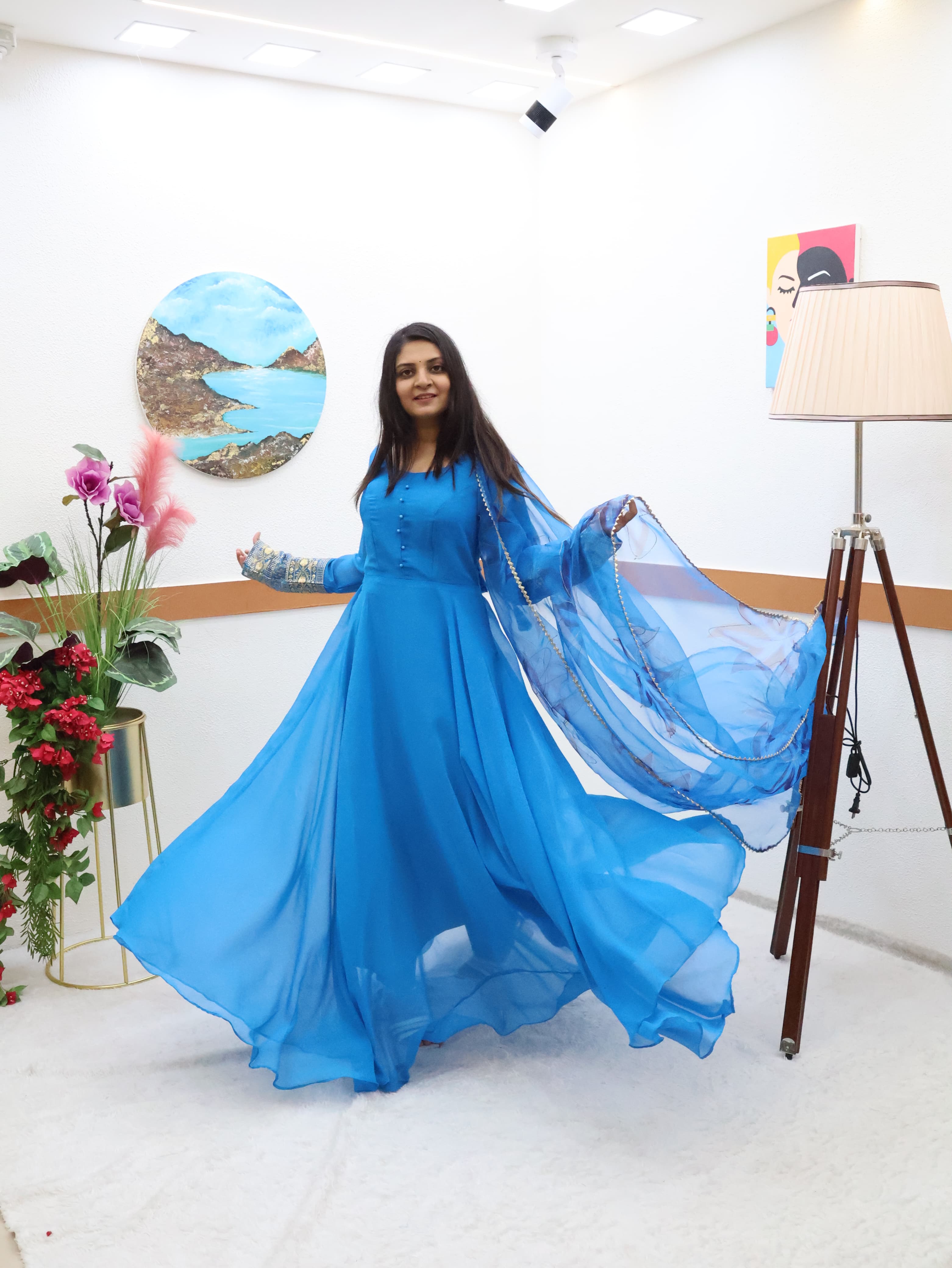 Blue Color Plain Gown With Printed Dupatta