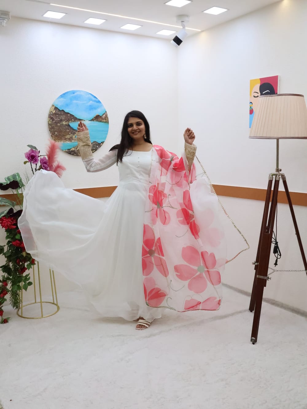 White Anarkali Dress with Aari Gota Work and Jaal Dupatta | Angad Creations