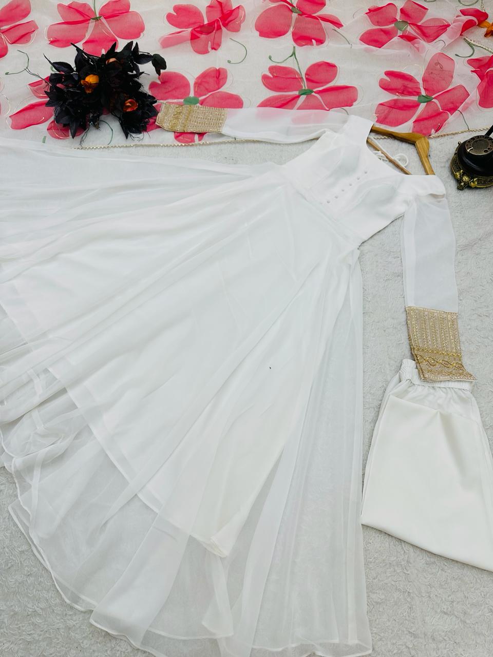 White Color Plain Gown With Printed Dupatta