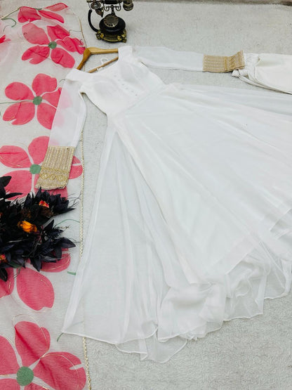 White Color Plain Gown With Printed Dupatta