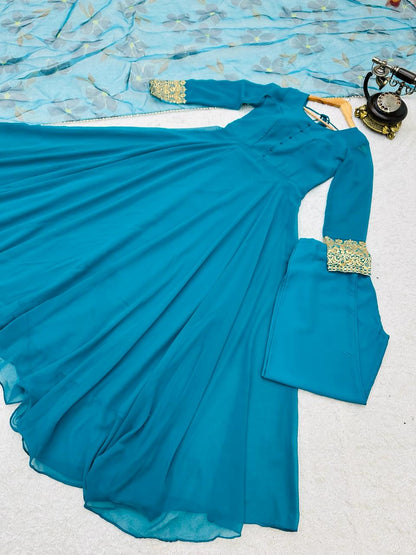 Teal Blue Color Plain Gown With Printed Dupatta