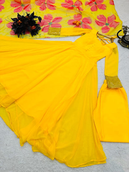 Yellow Color Plain Gown With Printed Dupatta