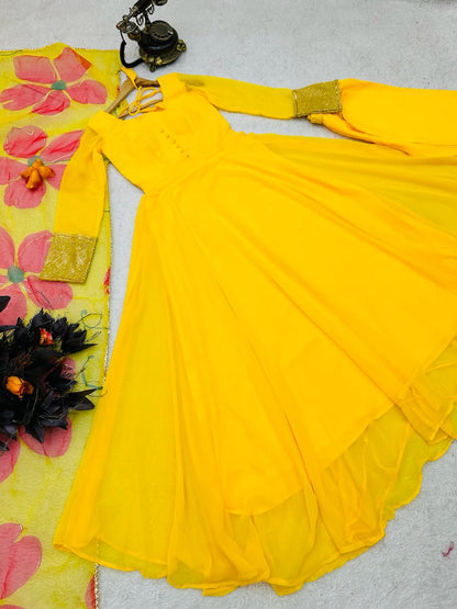 Yellow Color Plain Gown With Printed Dupatta