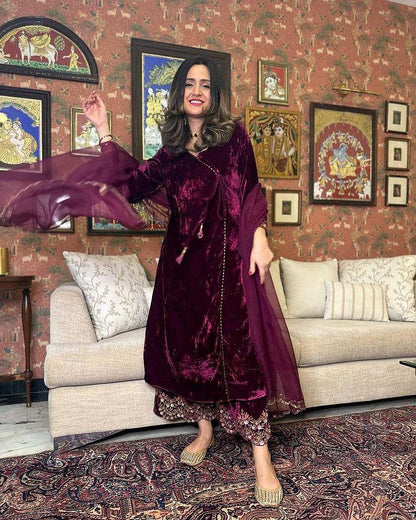 Wine Color Velvet Palazzo Suit With Organza Dupatta