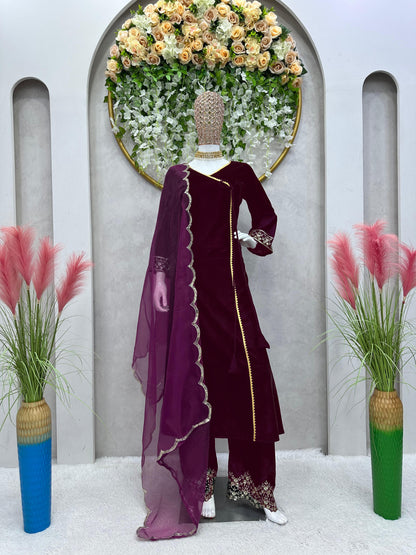 Wine Color Velvet Palazzo Suit With Organza Dupatta