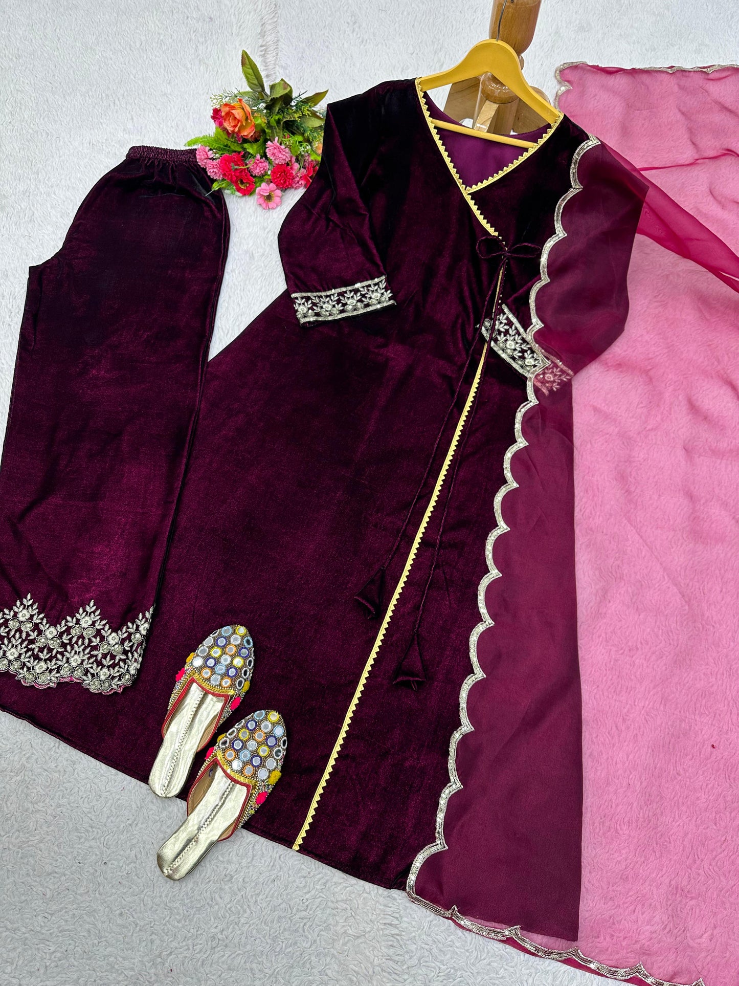 Wine Color Velvet Palazzo Suit With Organza Dupatta