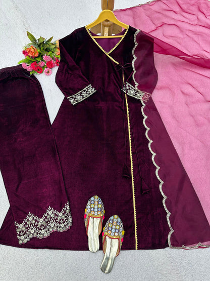 Wine Color Velvet Palazzo Suit With Organza Dupatta