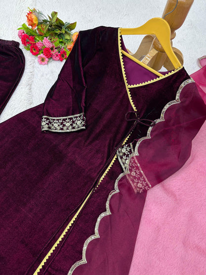 Wine Color Velvet Palazzo Suit With Organza Dupatta