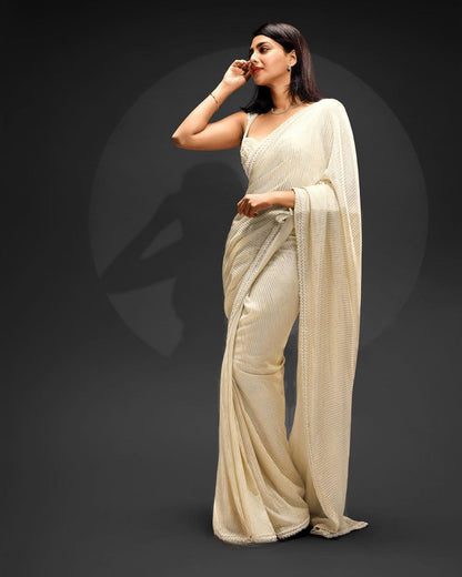 Party Wear Heavy Sequence Work White Color Saree