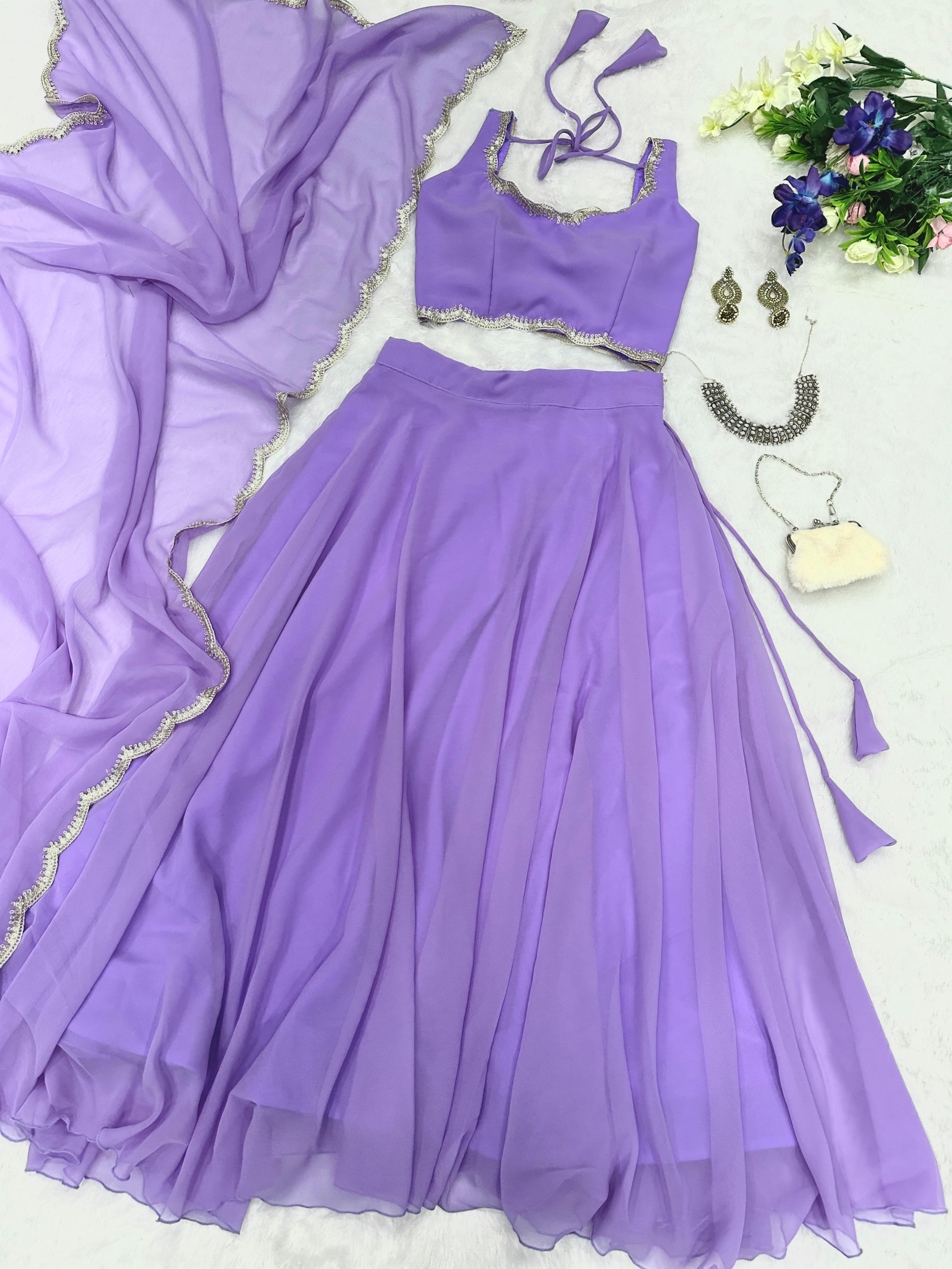Lavender Color Plain Lehenga With Lace Work Blouse