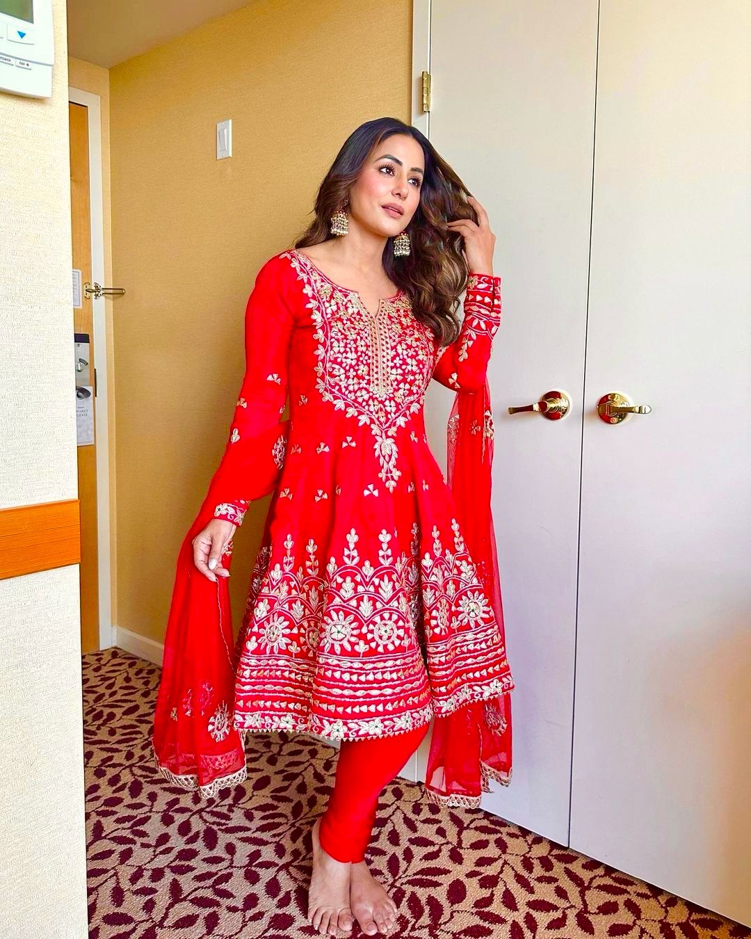 Celebrity Style Hina Khan Wear Red Color Anarkali Suit