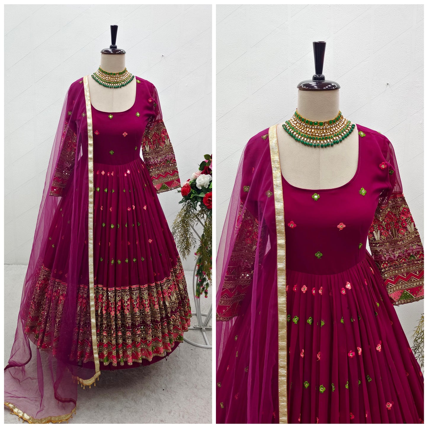 Wine Color Sequence Thread Work Exclusive Anarkali Suit