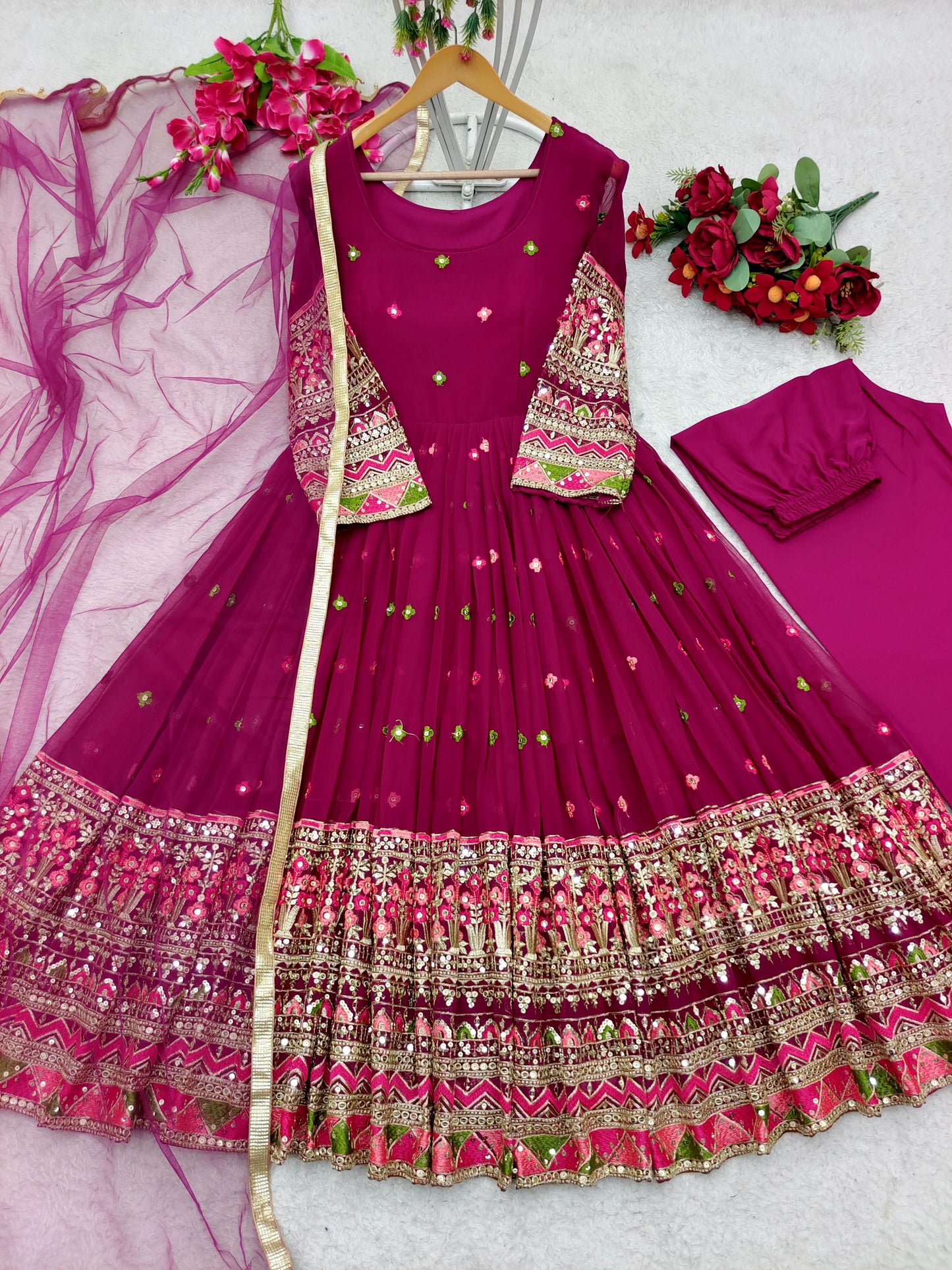 Wine Color Sequence Thread Work Exclusive Anarkali Suit