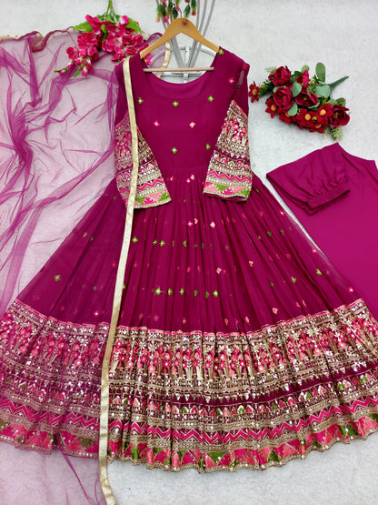 Wine Color Sequence Thread Work Exclusive Anarkali Suit