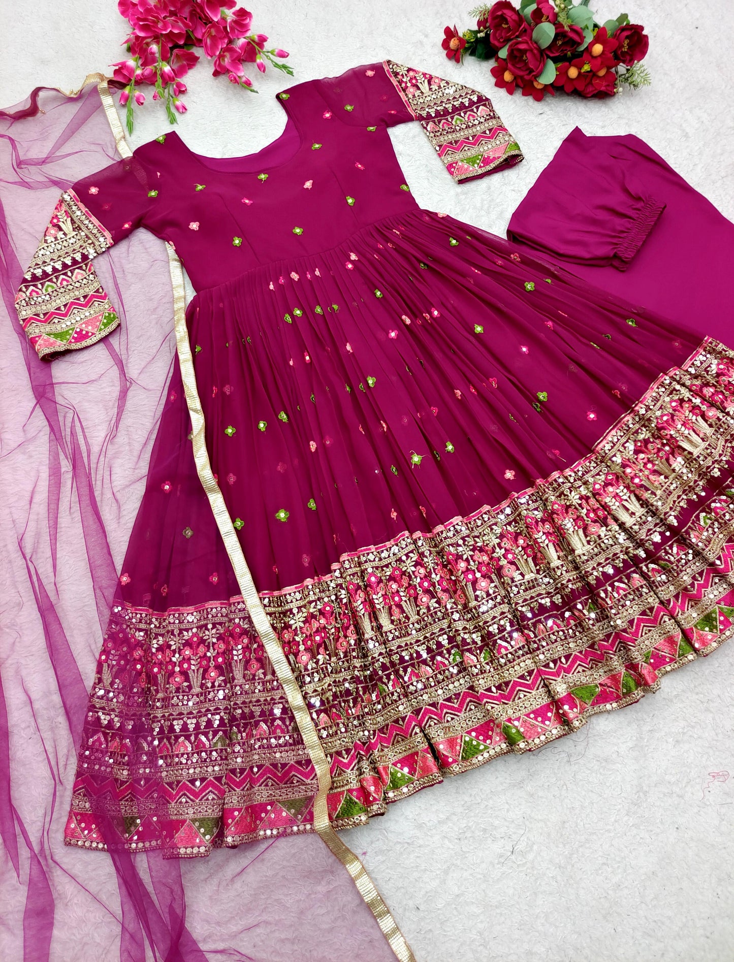 Wine Color Sequence Thread Work Exclusive Anarkali Suit