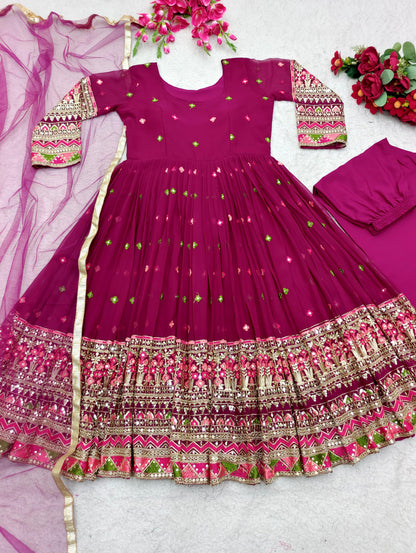 Wine Color Sequence Thread Work Exclusive Anarkali Suit