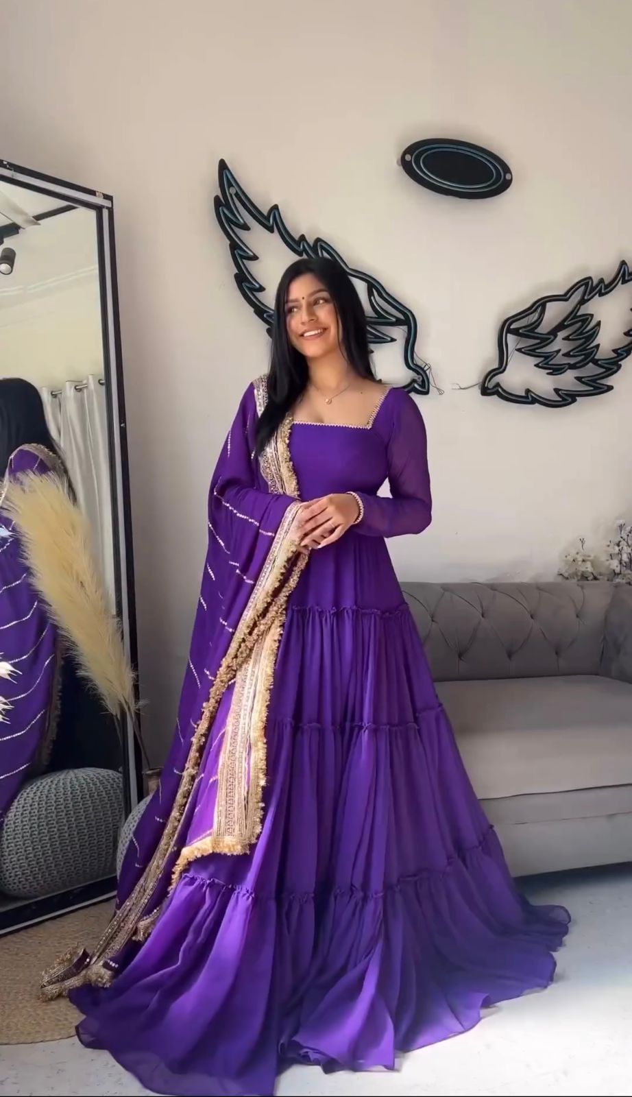 Purple Ruffle Flair Long Gown With Lace Work Dupatta