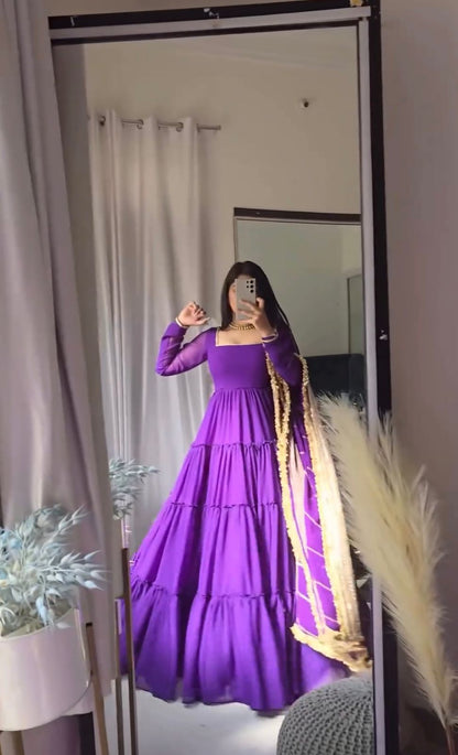 Purple Ruffle Flair Long Gown With Lace Work Dupatta