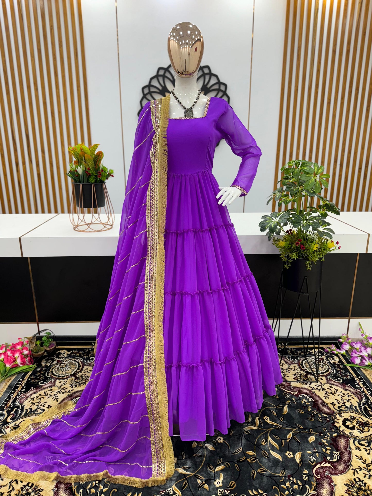 Purple Ruffle Flair Long Gown With Lace Work Dupatta