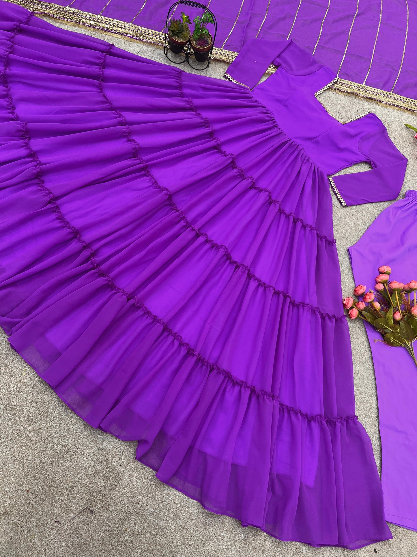 Purple Ruffle Flair Long Gown With Lace Work Dupatta