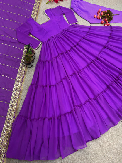 Purple Ruffle Flair Long Gown With Lace Work Dupatta