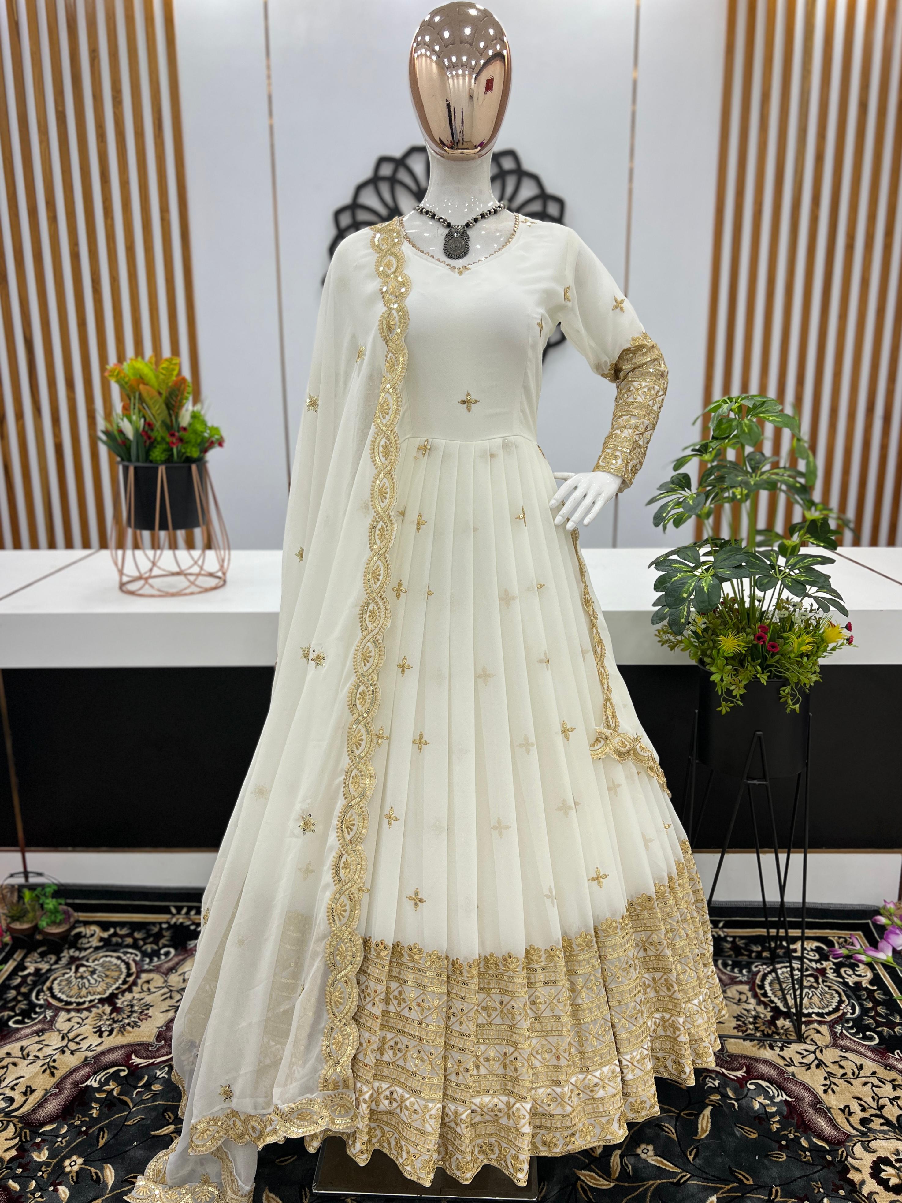 Off White Embroidered Net Anarkali Suit features a beautiful net top  alongside a santoon inner and a santoon bottom… | Designer gowns, Anarkali  gown, Anarkali dress