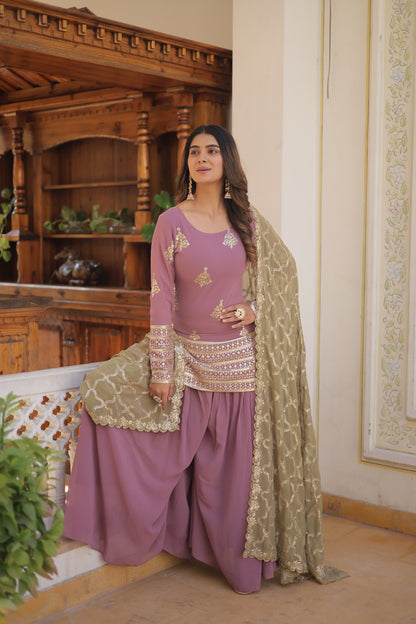 Beautiful Sequins And Embroidered Work Dusty Pink Sharara Suit