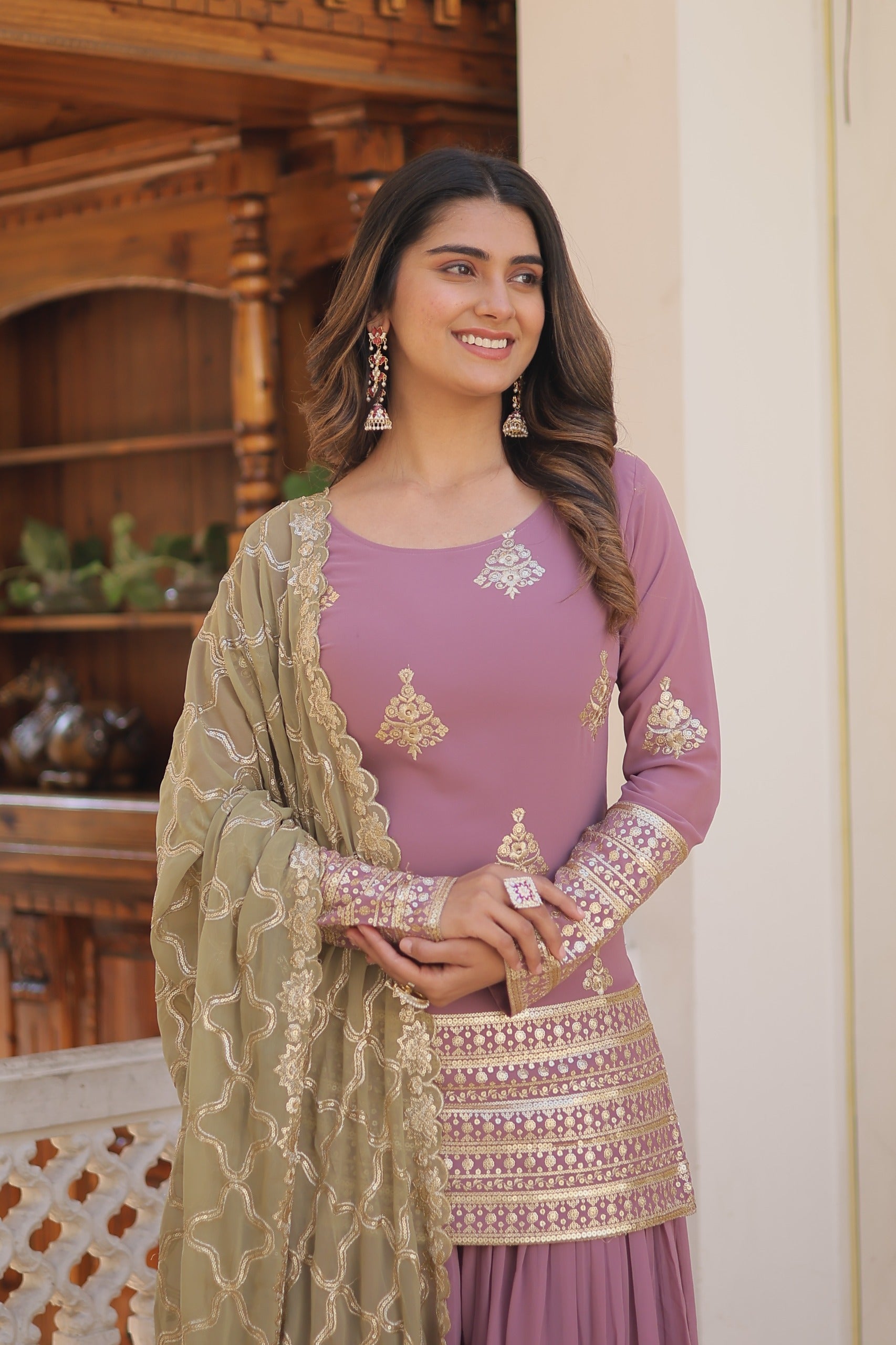Beautiful Sequins And Embroidered Work Dusty Pink Sharara Suit