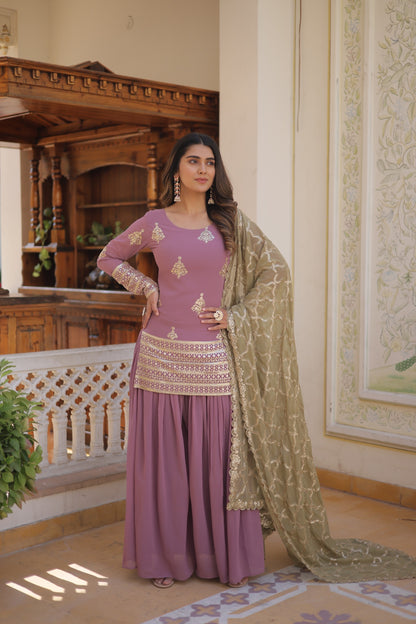 Beautiful Sequins And Embroidered Work Dusty Pink Sharara Suit