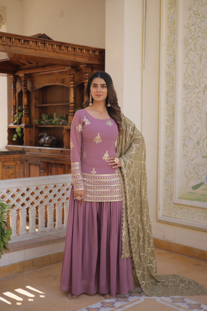 Beautiful Sequins And Embroidered Work Dusty Pink Sharara Suit