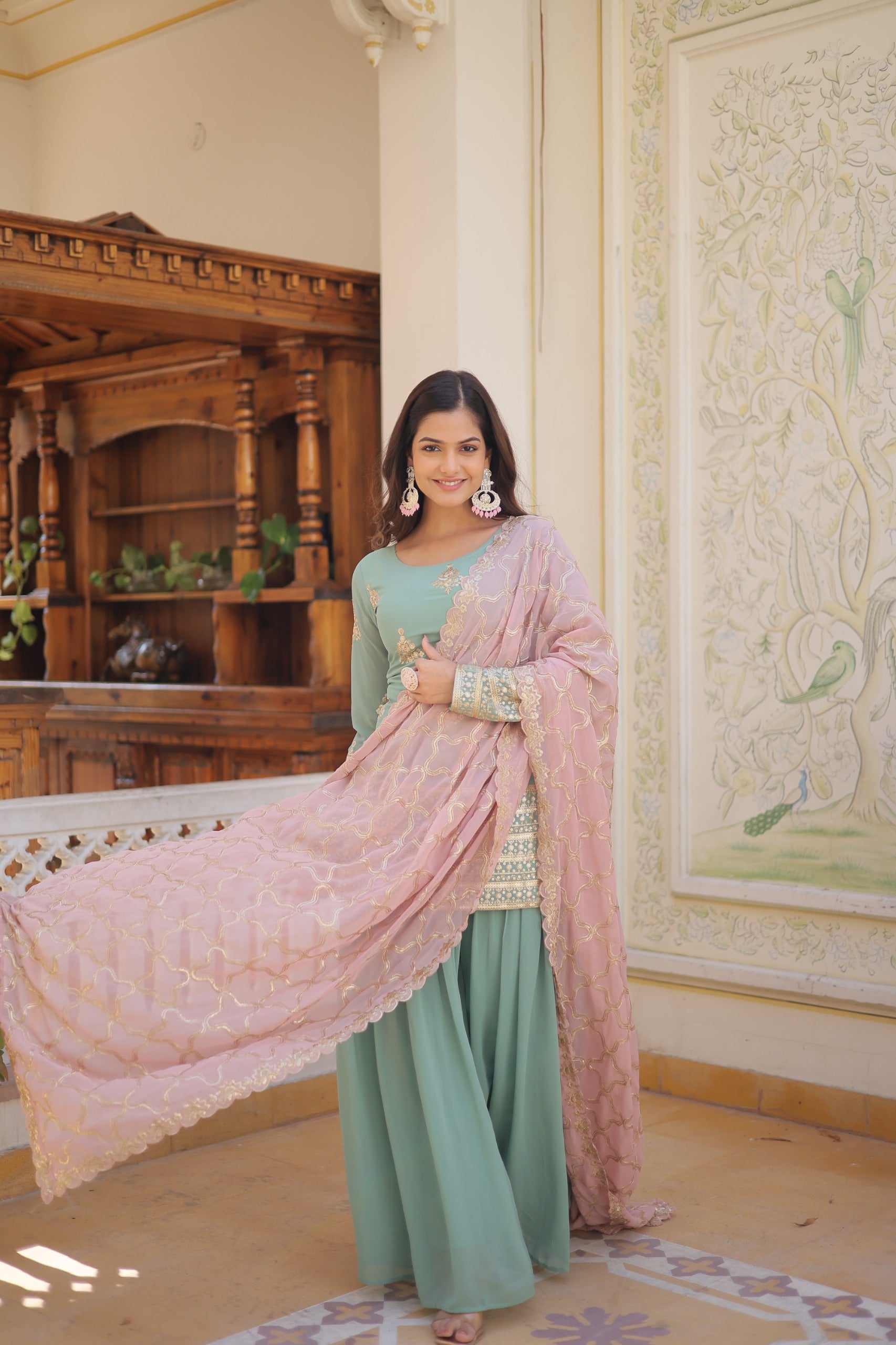 Beautiful Sequins And Embroidered Work Aqua Green Sharara Suit