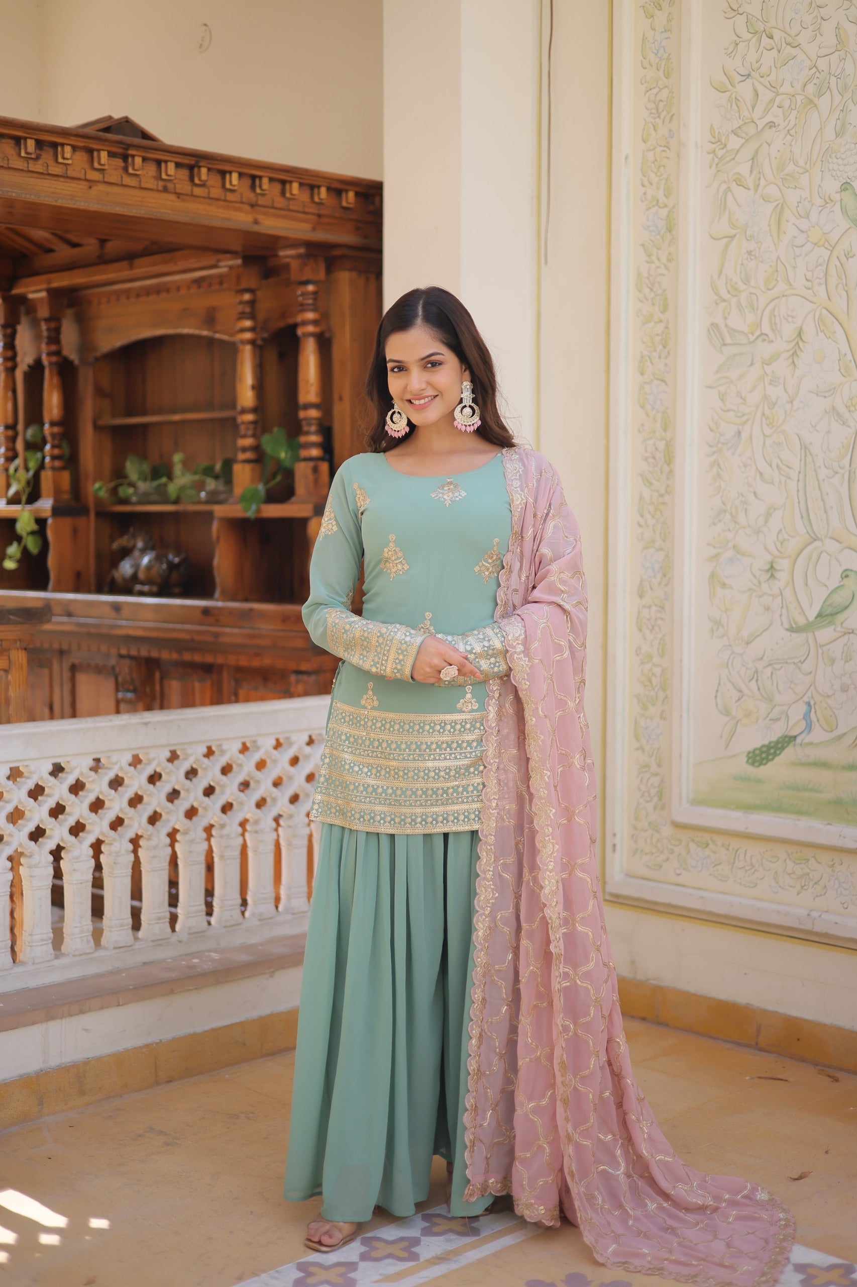 Beautiful Sequins And Embroidered Work Aqua Green Sharara Suit