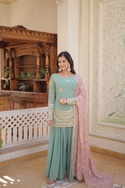 Beautiful Sequins And Embroidered Work Aqua Green Sharara Suit