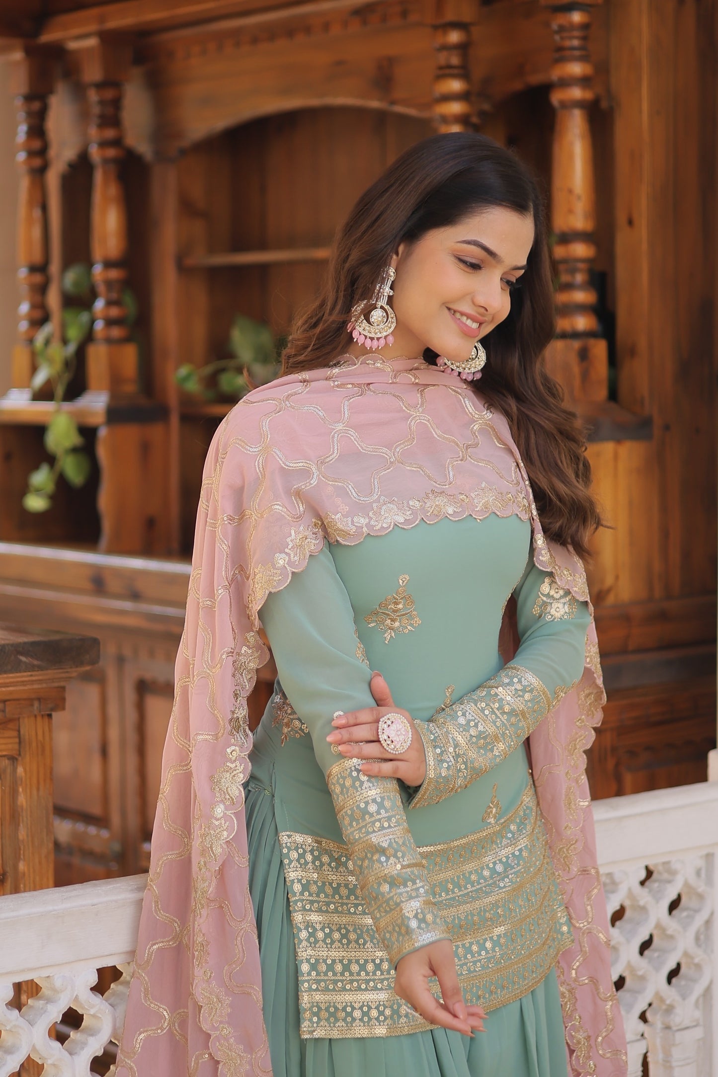 Beautiful Sequins And Embroidered Work Aqua Green Sharara Suit