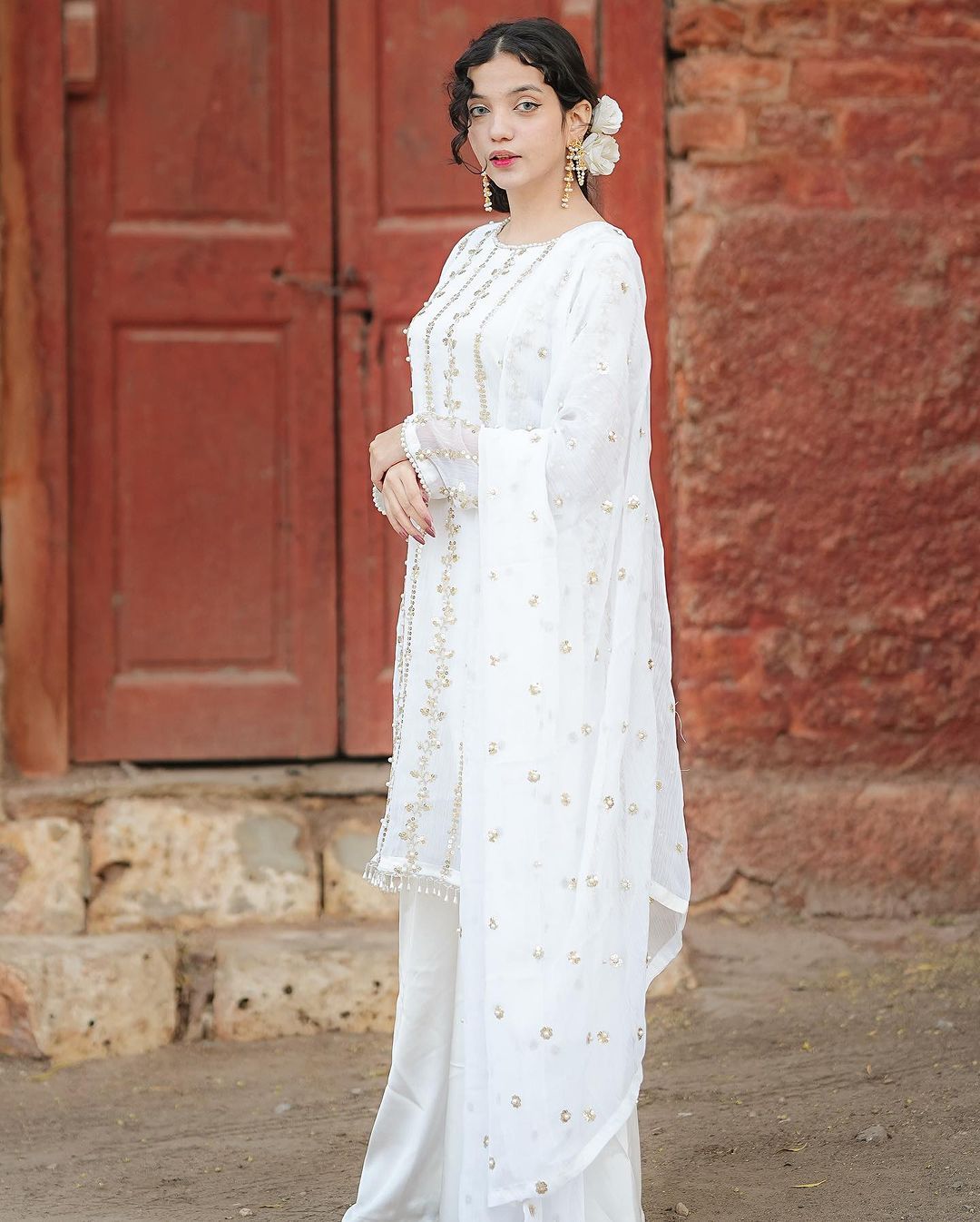 Amazing White Sequence And Moti Work Occasion Wear Sharara Suit