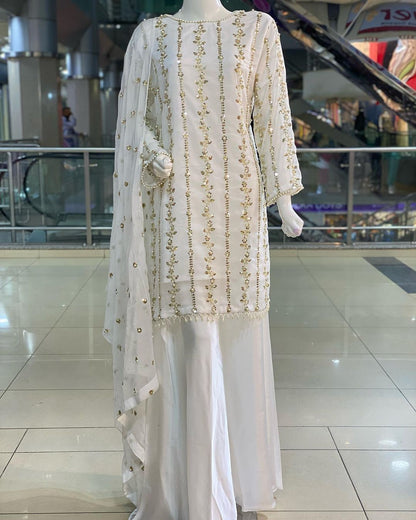 Amazing White Sequence And Moti Work Occasion Wear Sharara Suit