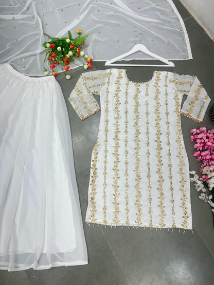 Amazing White Sequence And Moti Work Occasion Wear Sharara Suit