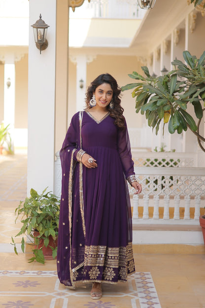 Purple Embroidery Multi Sequence Work Gorgeous Gown