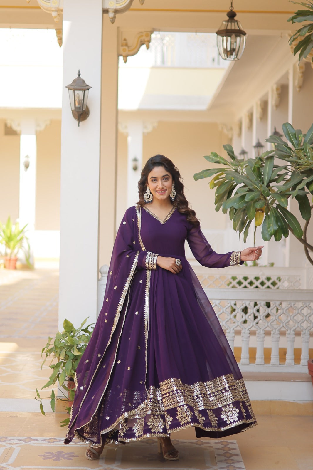 Purple Embroidery Multi Sequence Work Gorgeous Gown